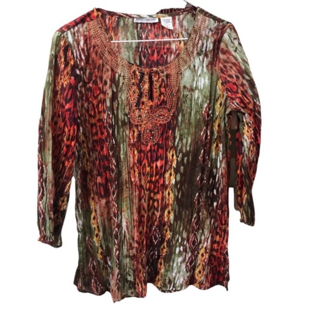 REBECCA MALONE Bright Fall Colored BLOUSE With SPARKLING Sequins Size SMALL - Picture 1 of 11